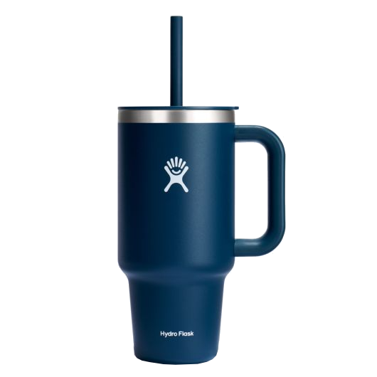 Hydro Flask All Around Travel Tumbler in navy blue with handle and straw, perfect for hydration on the go.